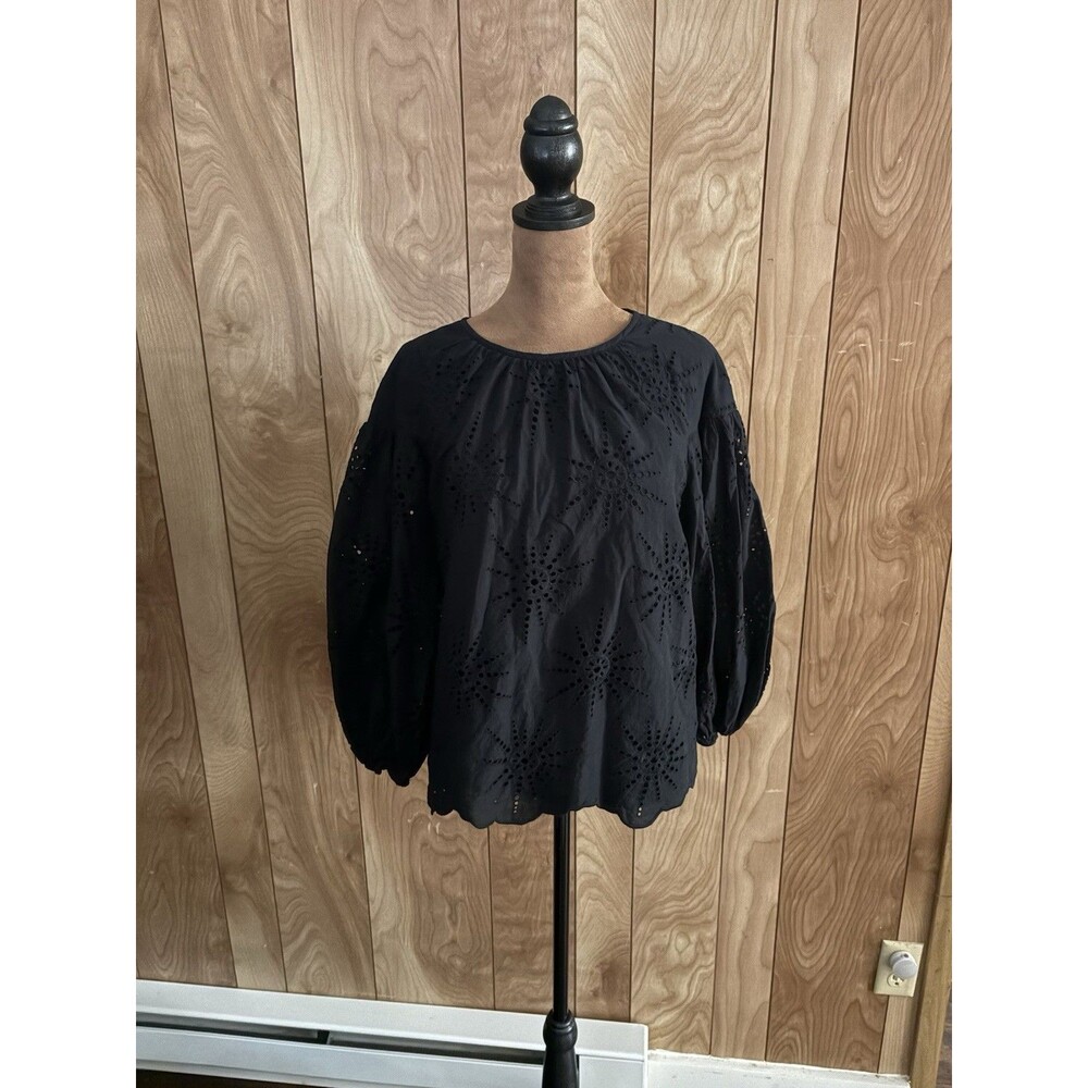 Kate Spade New York Black Eyelet Sunburst Puff Sleeve Tie Back Blouse Top Large